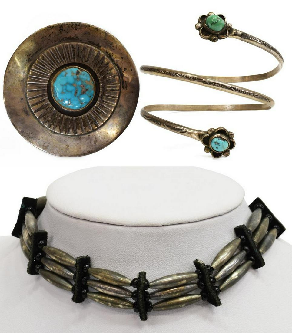 (3) NATIVE AMERICAN SILVER ARM CUFF, NECKLACE, PIN (1 of 5)