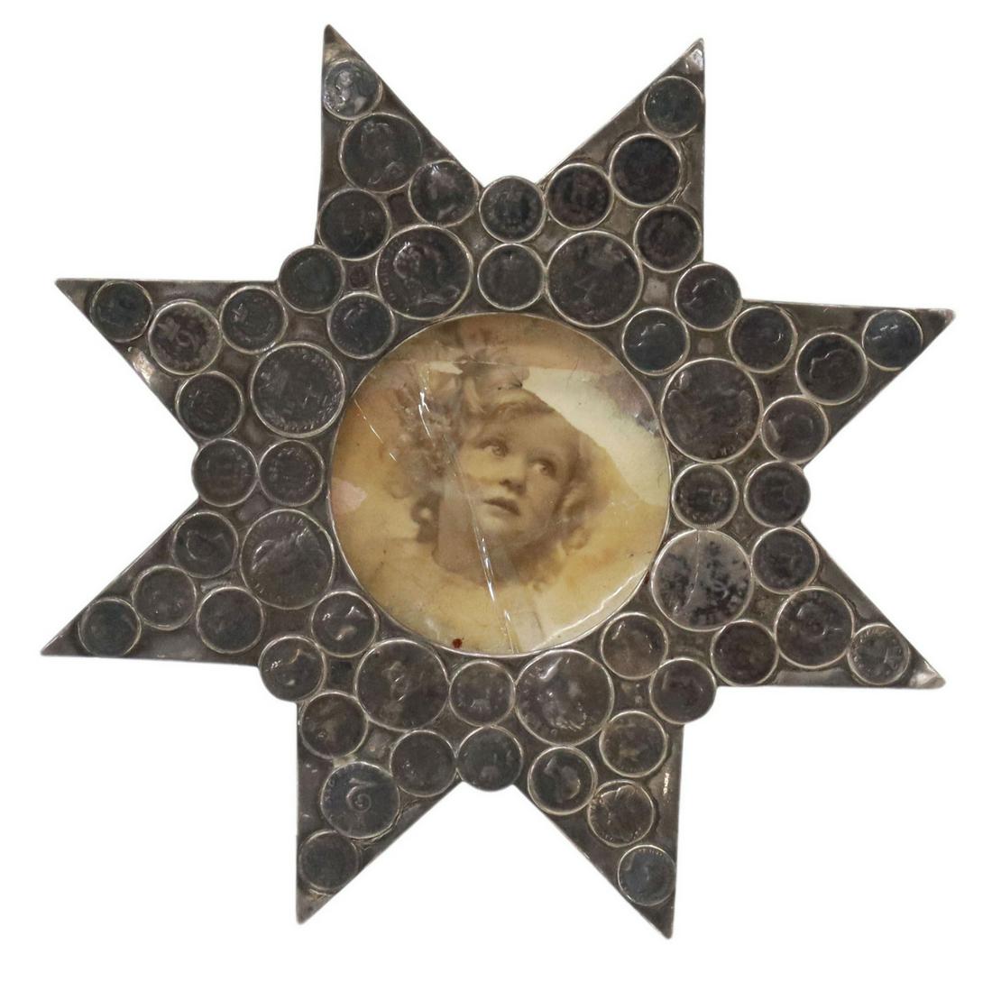 FOLK ART SILVER PICTURE FRAME MOUNTED WITH COINS (1 of 3)