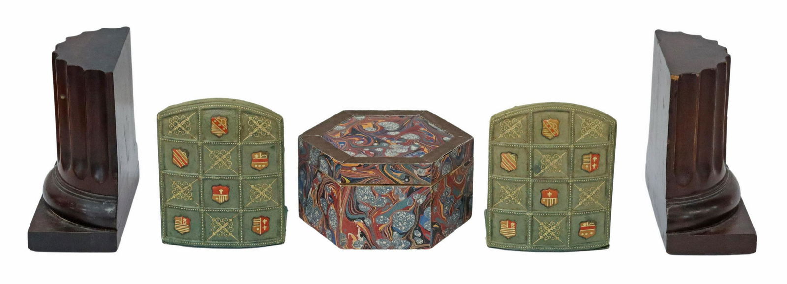 (5) WOOD & EMBOSSED LEATHER BOOKENDS, TABLE BOX (1 of 10)