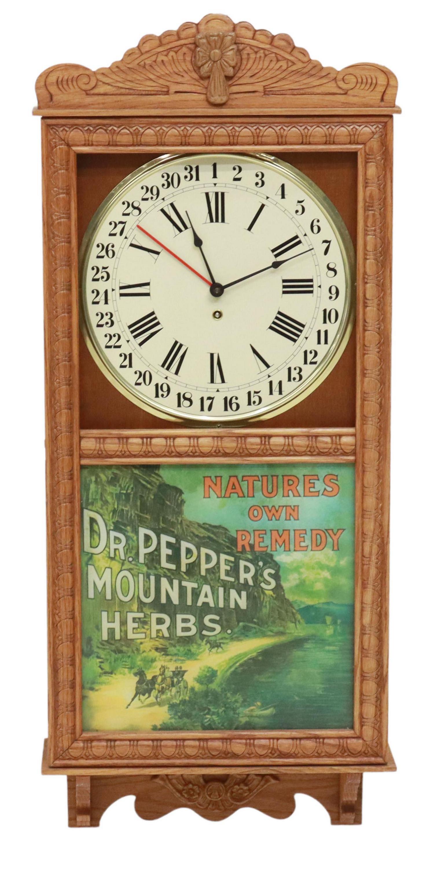 CARVED OAK 'DR. PEPPER' PENDULUM WALL CLOCK (1 of 5)