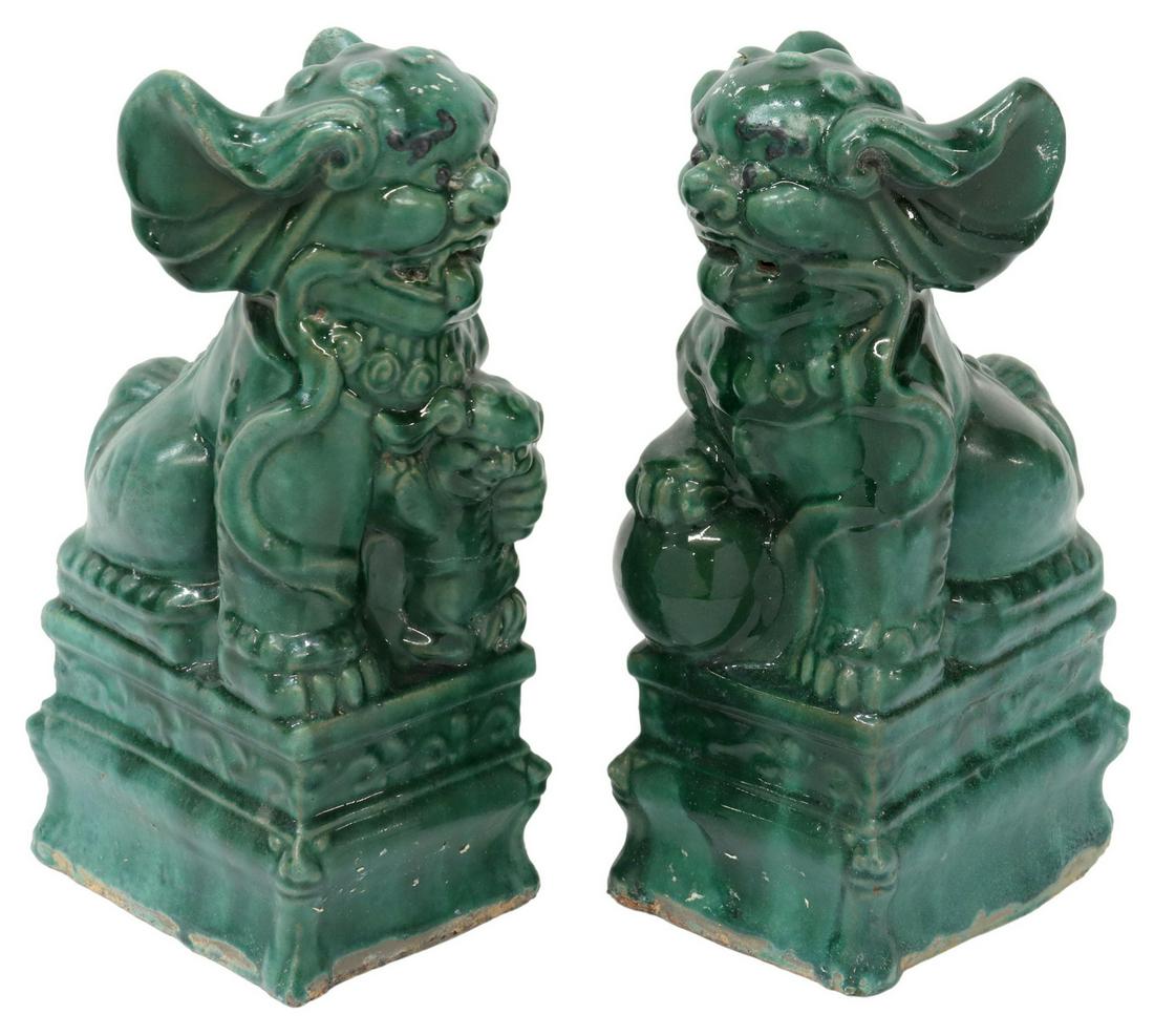 (2) CHINESE GREEN GLAZED CERAMIC FOO LIONS (1 of 5)