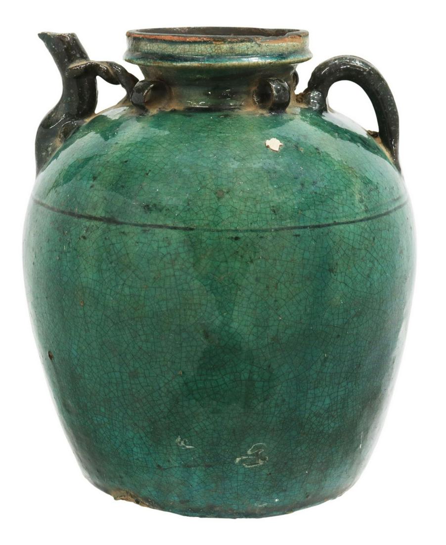 CHINESE GREEN GLAZED POTTERY WINE EWER: Large Chinese green glazed earthenware wine ewer, having applied loops to neck, approx 13"h, 10.5"diam, 9.75lbs total Start Price: $50.00