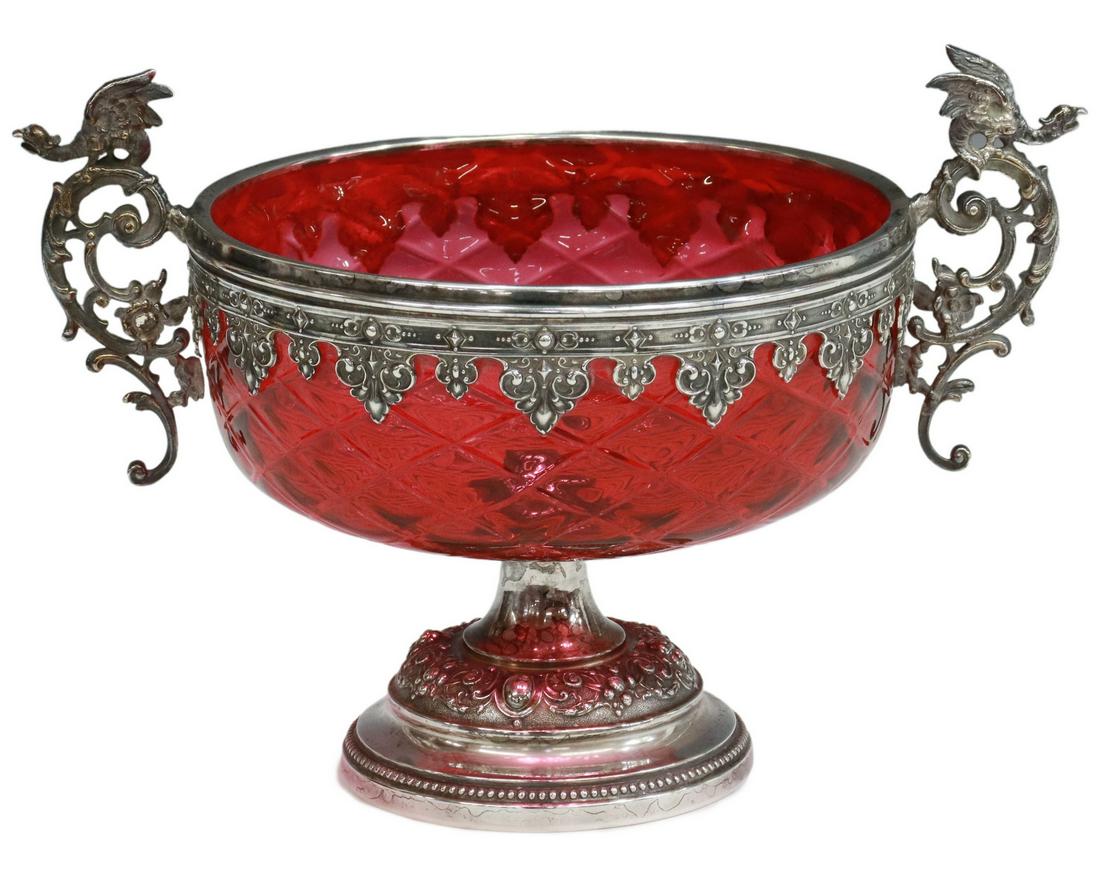 ORNATE SILVERPLATE & CRANBERRY GLASS PEDESTAL BOWL (1 of 4)