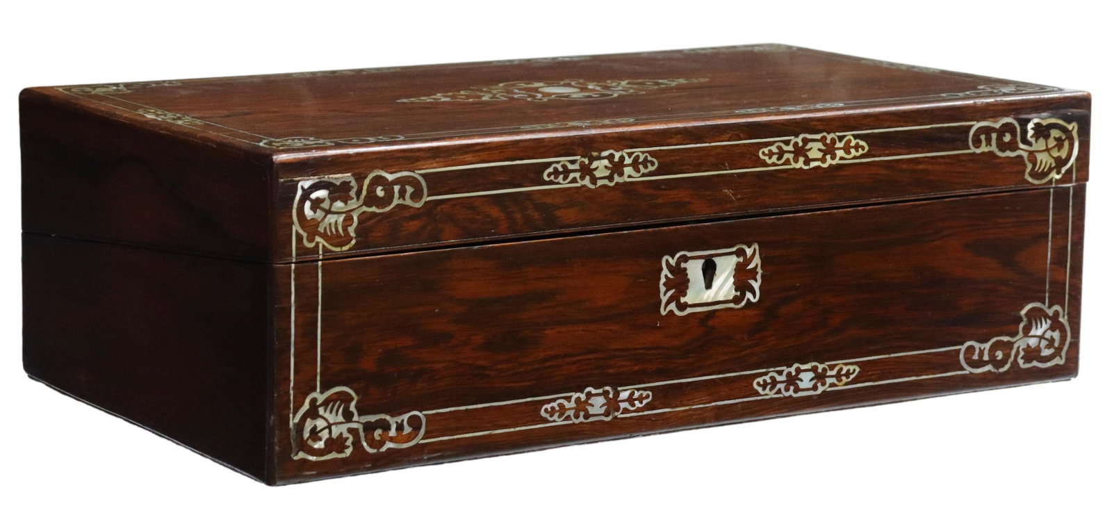 ENGLISH MOTHER OF PEARL ROSEWOOD WRITING SLOPE: English rosewood writing slope, 19th c., having foliate mother of pearl inlay, double stringing in silver-tone metal, hinged top opening to later velvet writing slope, concealing letter storage, pen r