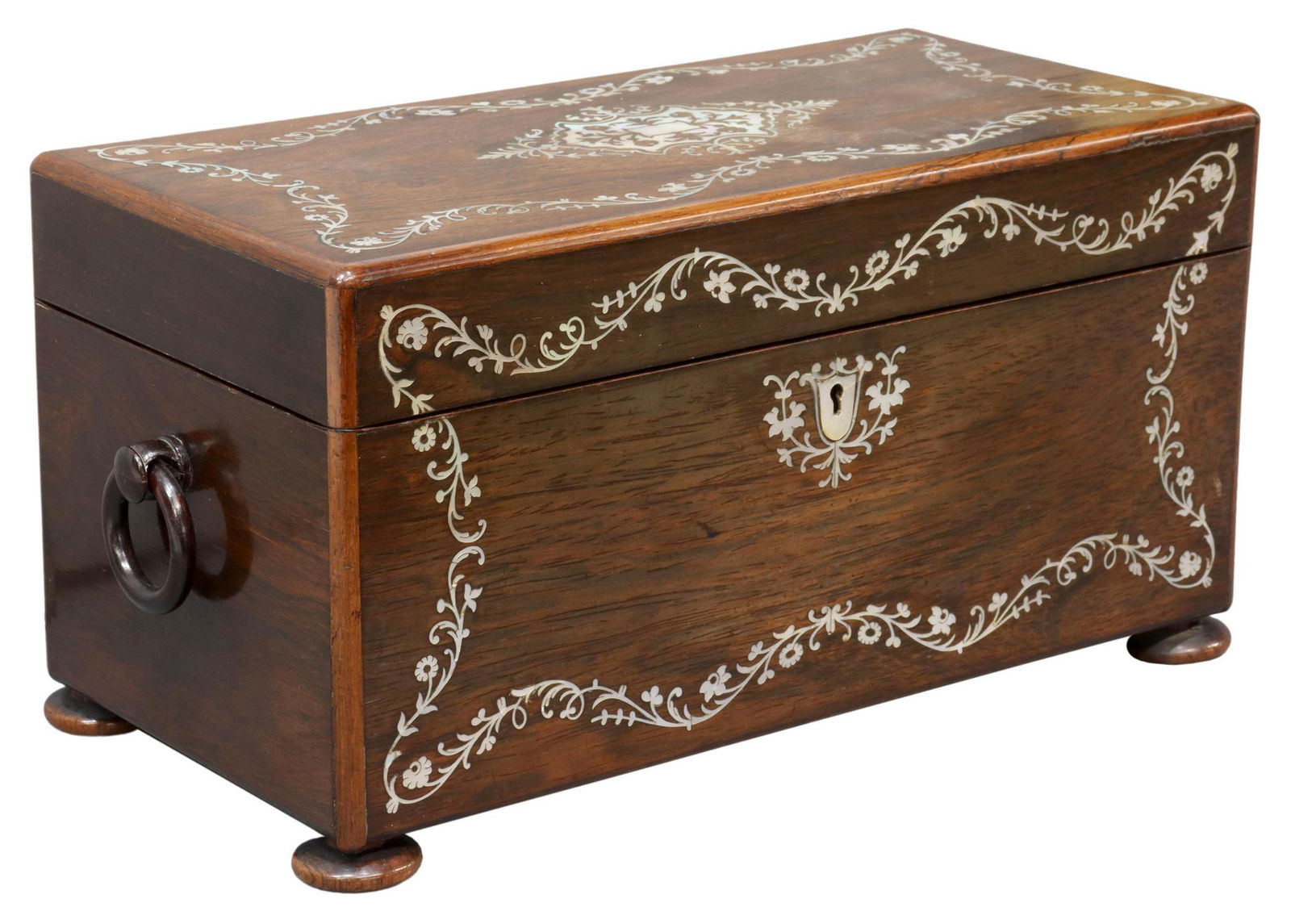 ENGLISH MOTHER OF PEARL INLAID ROSEWOOD TEA CADDY (1 of 5)