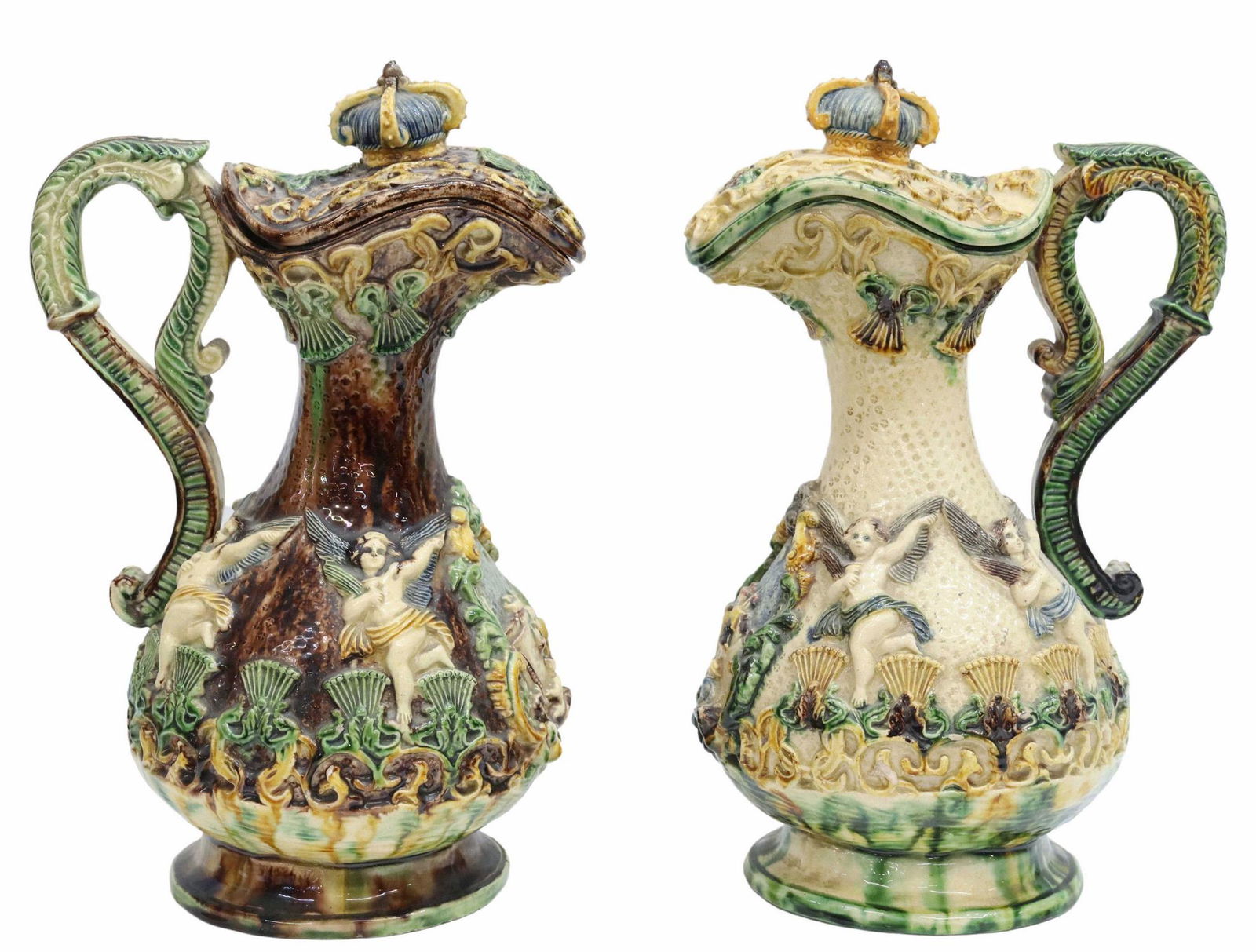 (2) LARGE CONTINENTAL MAJOLICA LIDDED EWERS (1 of 4)