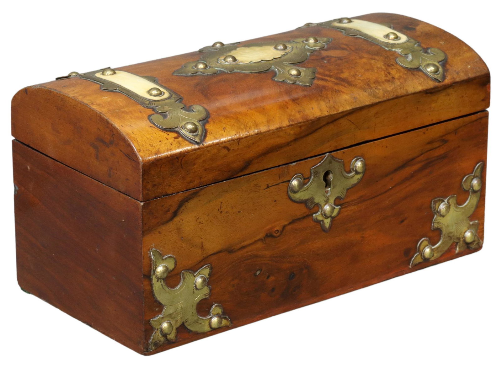 ENGLISH BRASS-MOUNTED WALNUT TEA CADDY: English walnut tea caddy, 19th c., dome-top case, with brass and bone mounts, opening to two lidded interior compartments, approx 4.75"h, 8.75"w, 4.5"d, 1.25lbs **Provenance: An important San Antonio 