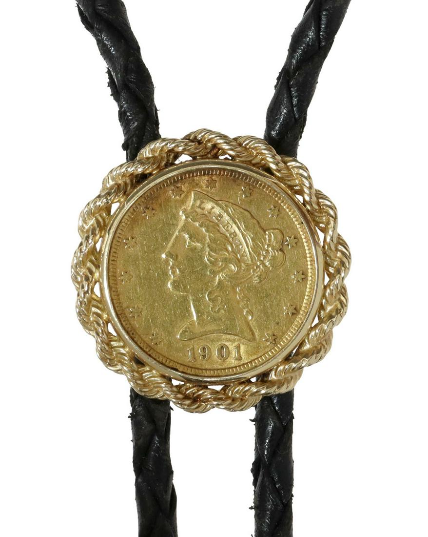 ESTATE 14KT GOLD 1901 LIBERTY $5 COIN BOLO TIE (1 of 5)