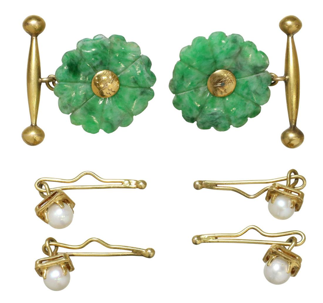 (LOT) ESTATE GENTS GOLD, JADE & PEARL ACCESSORIES (1 of 2)