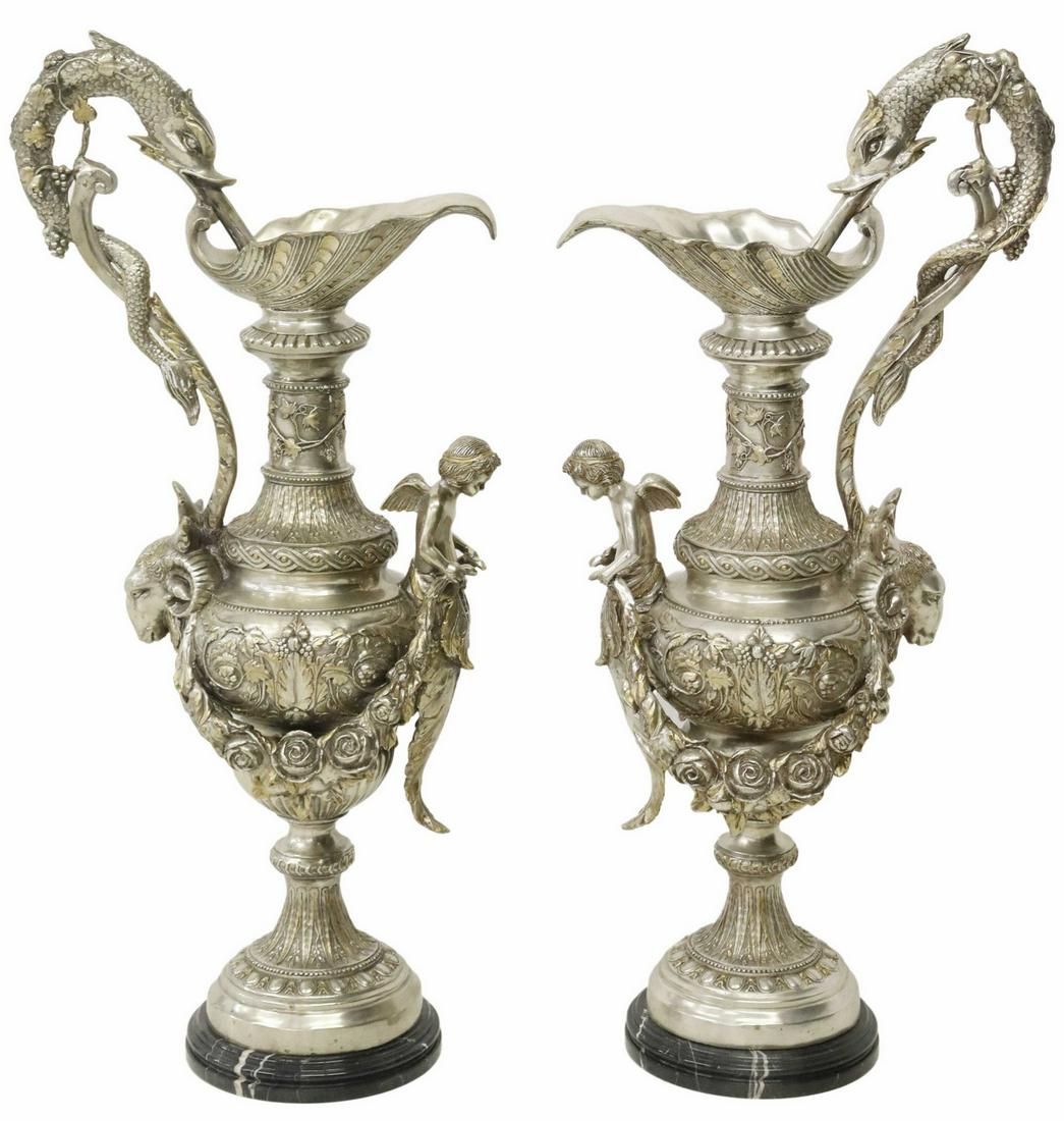 (2) ORNATE CLASSICAL STYLE SILVERED BRONZE EWERS (1 of 5)
