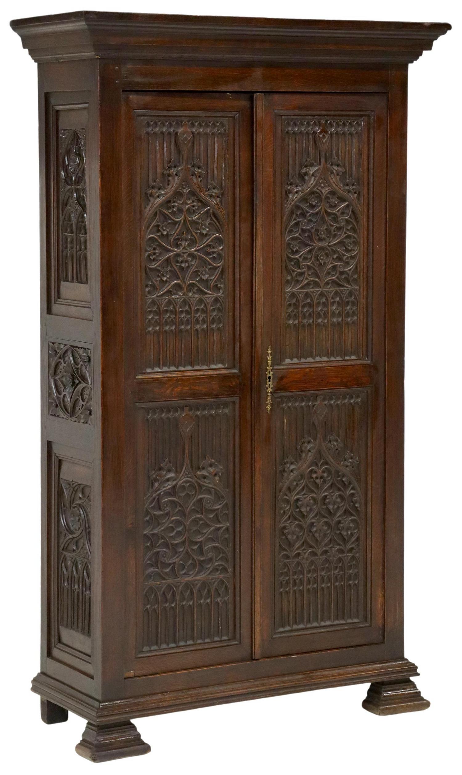 FRENCH GOTHIC REVIVAL CARVED OAK CABINET (1 of 4)