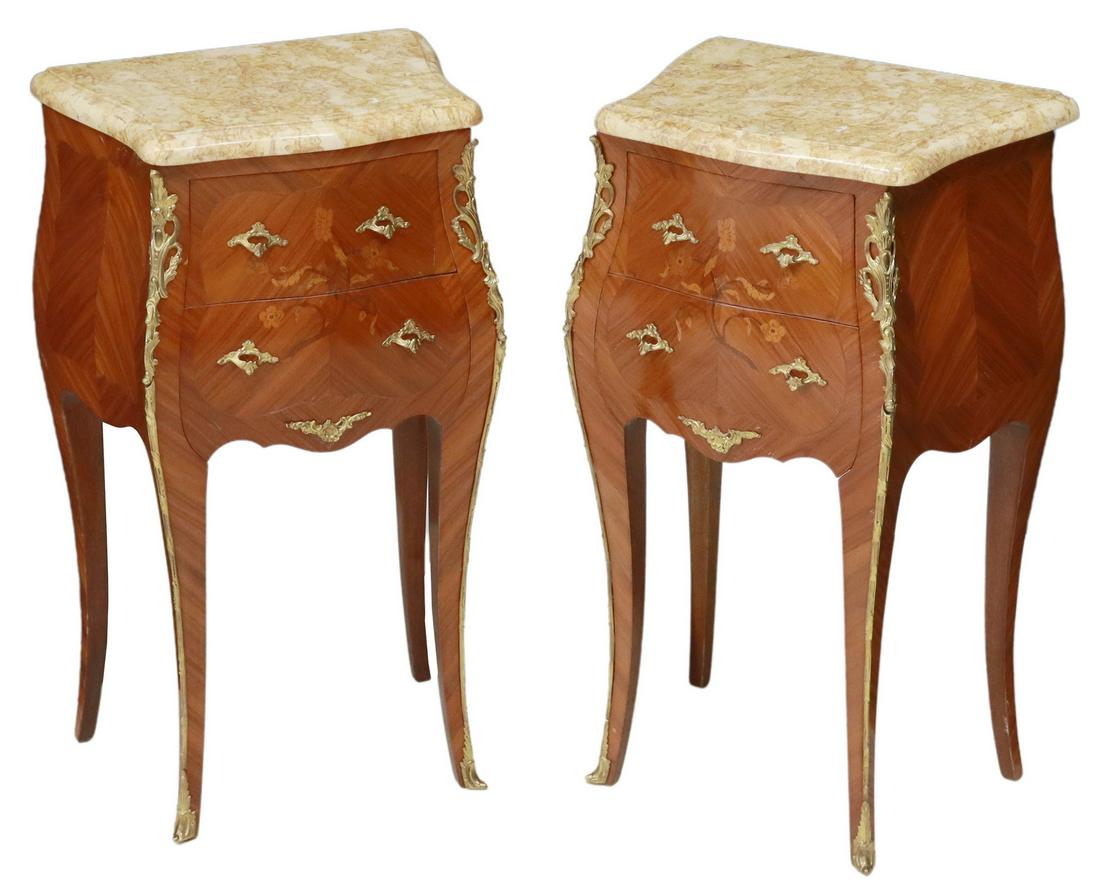(2) FRENCH LOUIS XV STYLE MARQUETRY NIGHTSTANDS: (pair) French Louis XV style nightstands, 20th c., shaped marble top, over floral marquetry and matched veneer case, fitted with two drawers, rising on cabriole legs, ending in sabots, approx 28.5"h, 