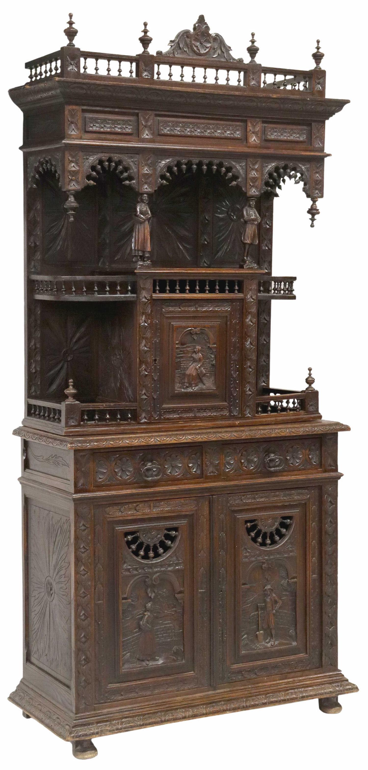 FRENCH BRETON CARVED OAK CABINET CUPBOARD (1 of 6)