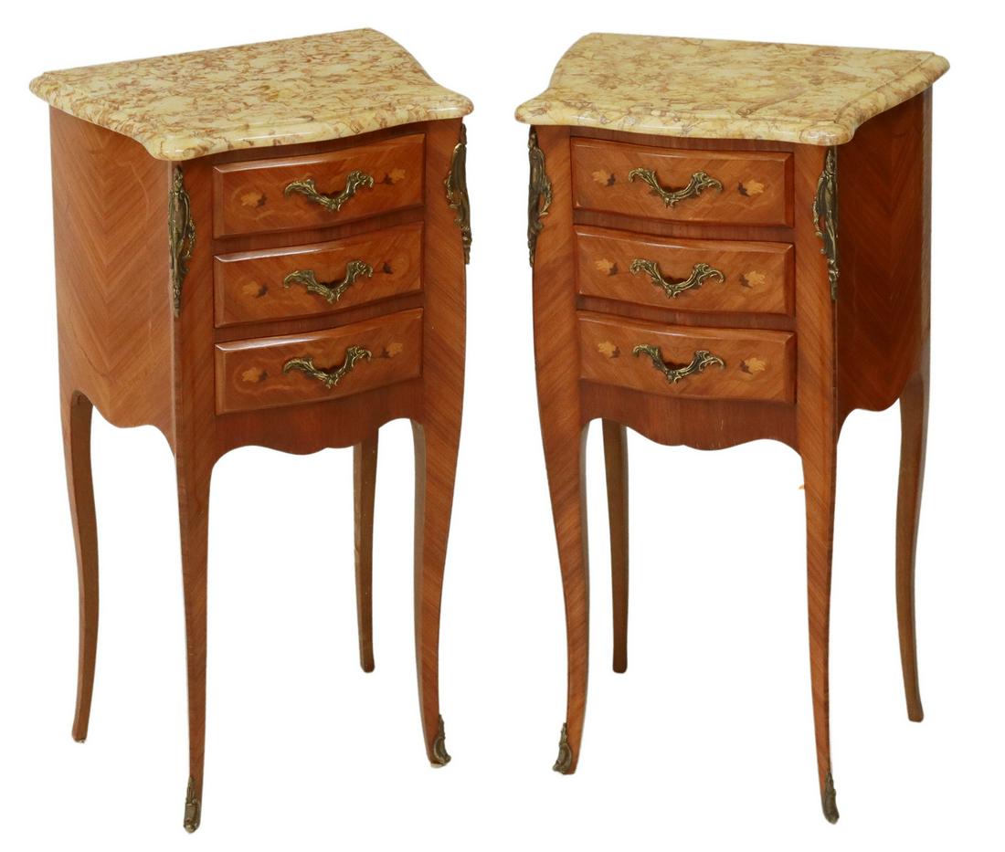 (2) FRENCH LOUIS XV STYLE MARQUETRY NIGHTSTANDS: (pair) French Louis XV style nightstands, early 20th c., shaped marble top, over floral marquetry and matched veneer case, fitted with three drawers, rising on cabriole legs, ending in sabots, approx 