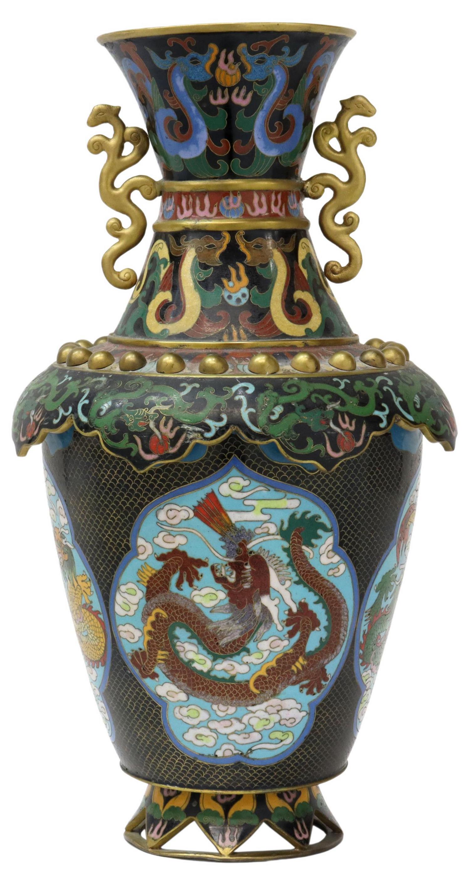 CHINESE CLOISONNE ENAMEL DRAGON VASE: Chinese cloisonne enamel vase, decorated with dragons pursuing flaming pearl, approx 15.5"h, 8.5"diam, 7lbs **Provenance: An important San Antonio estate** Start Price: $100.00