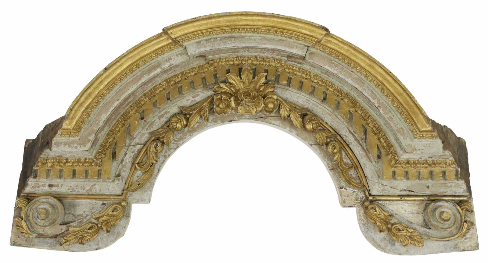 ARCHITECTURAL PARCEL GILT & PAINTED PEDIMENT, 62"W (1 of 2)