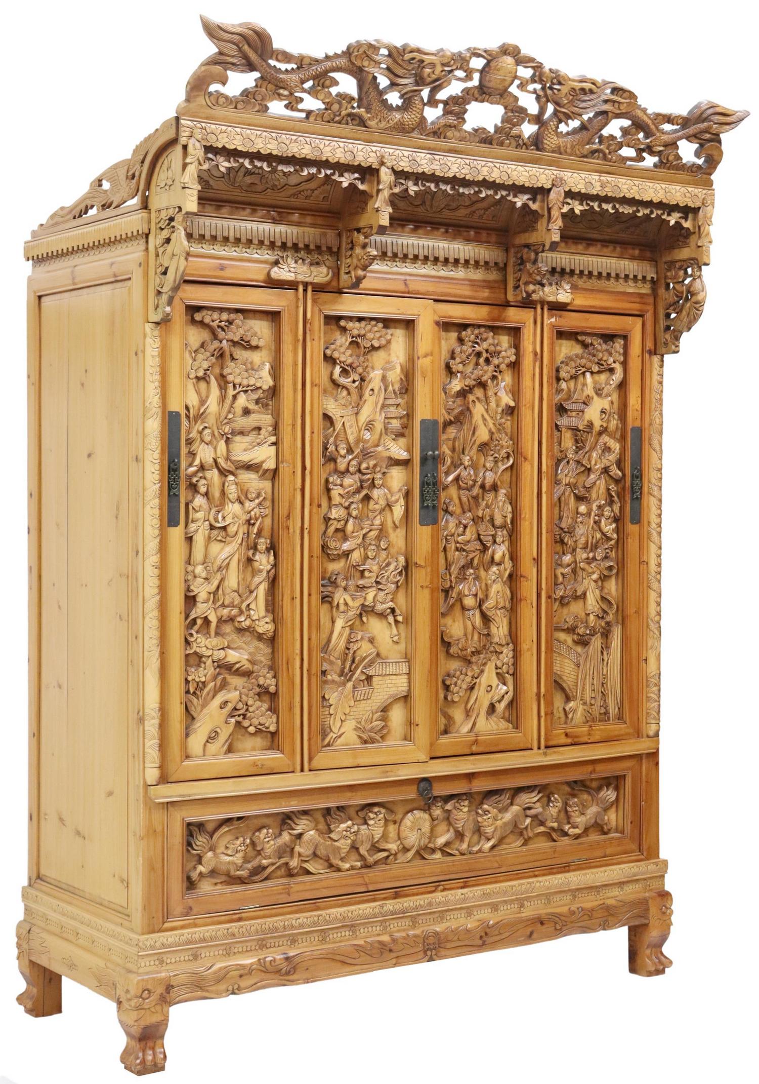 EXCEPTIONAL CHINESE CARVED ARMOIRE/ CABINET (1 of 8)