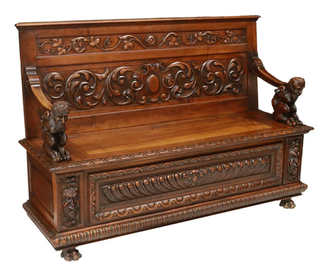 RENAISSANCE REVIVAL CARVED WALNUT HALL BENCH (1 of 5)