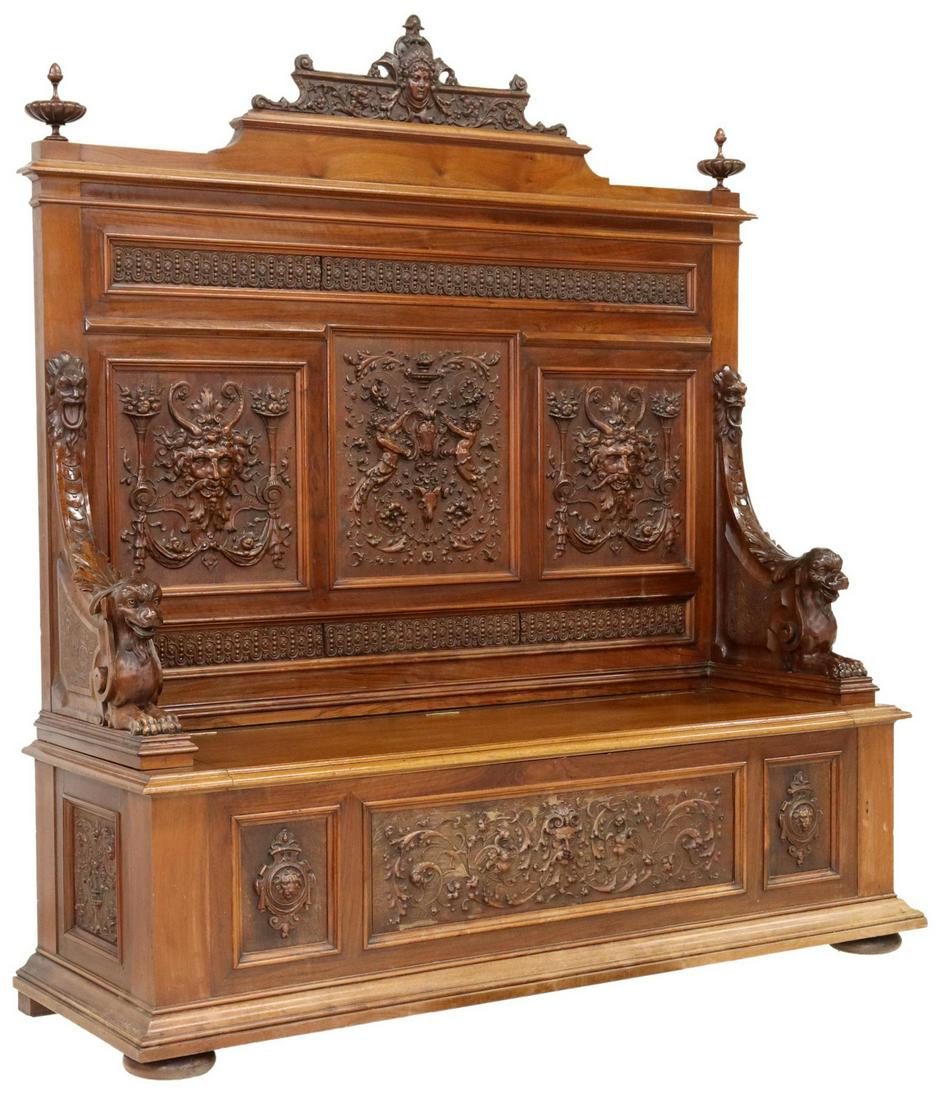 RENAISSANCE REVIVAL CARVED WALNUT HALL BENCH (1 of 9)