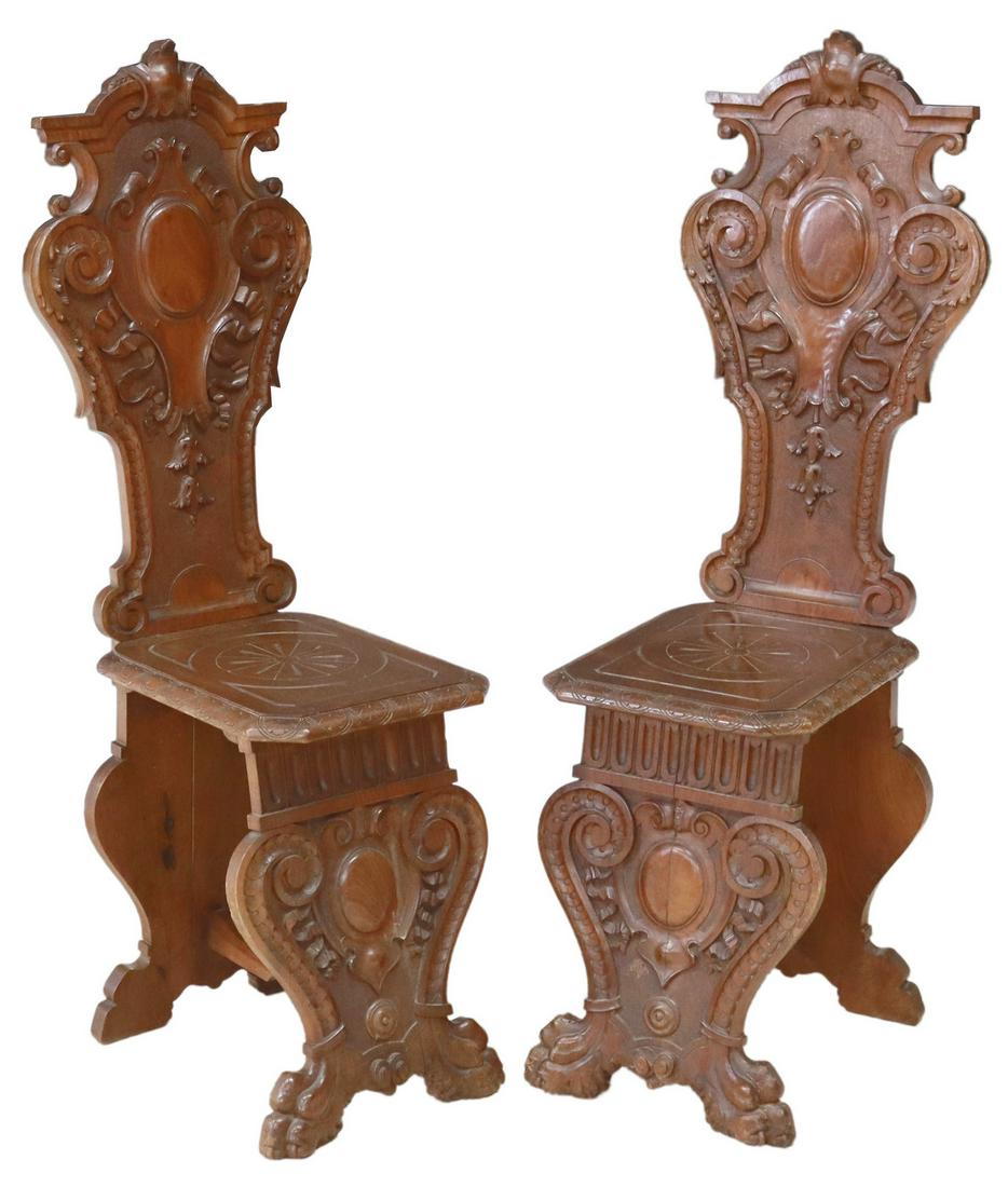 (2) ITALIAN RENAISSANCE REVIVAL WALNUT HALL CHAIRS (1 of 4)