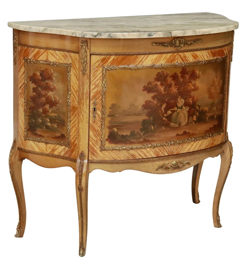 LOUIS XV STYLE VERNIS MARTIN MAHOGANY CABINET: Louis XV style Vernis Martin mahogany demilune cabinet, 20th c., having shaped marble top, over conforming case, with painted front and side panels depicting couple in pastoral landscape, single cabin