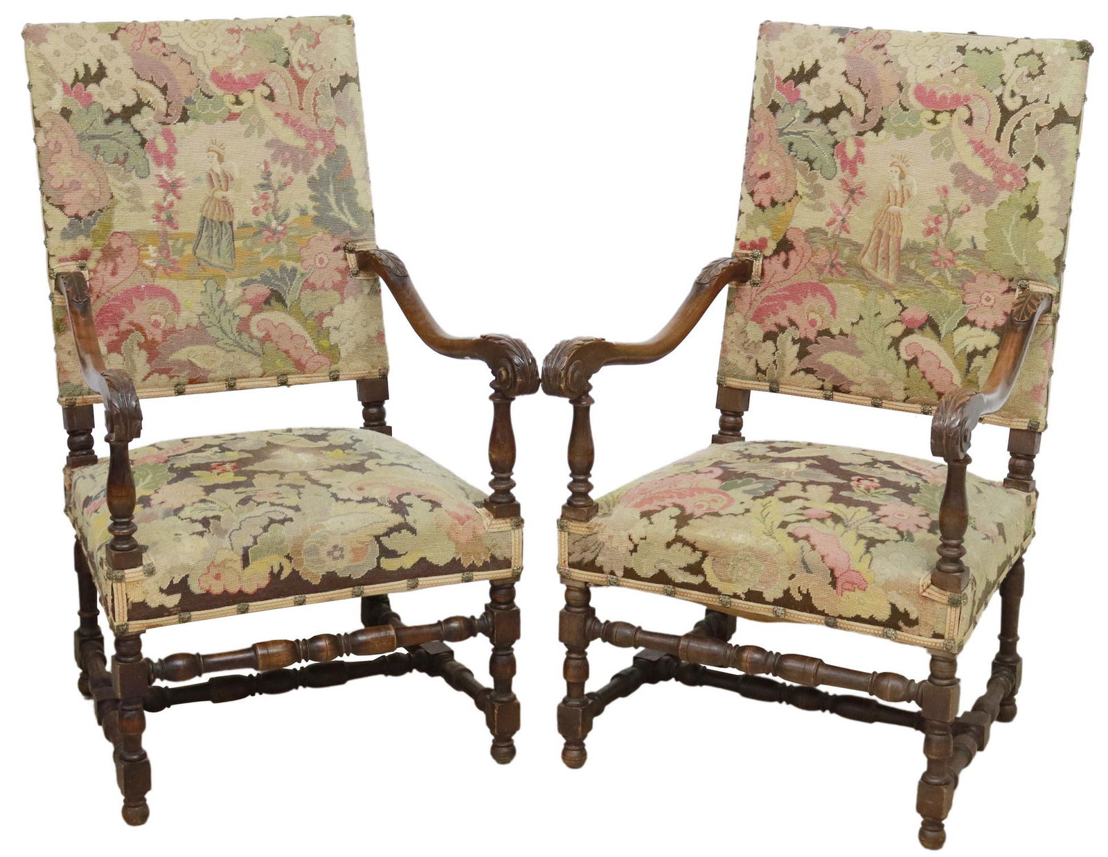 (2) FRENCH LOUIS XIII STYLE HIGHBACK FAUTEUILS (1 of 5)