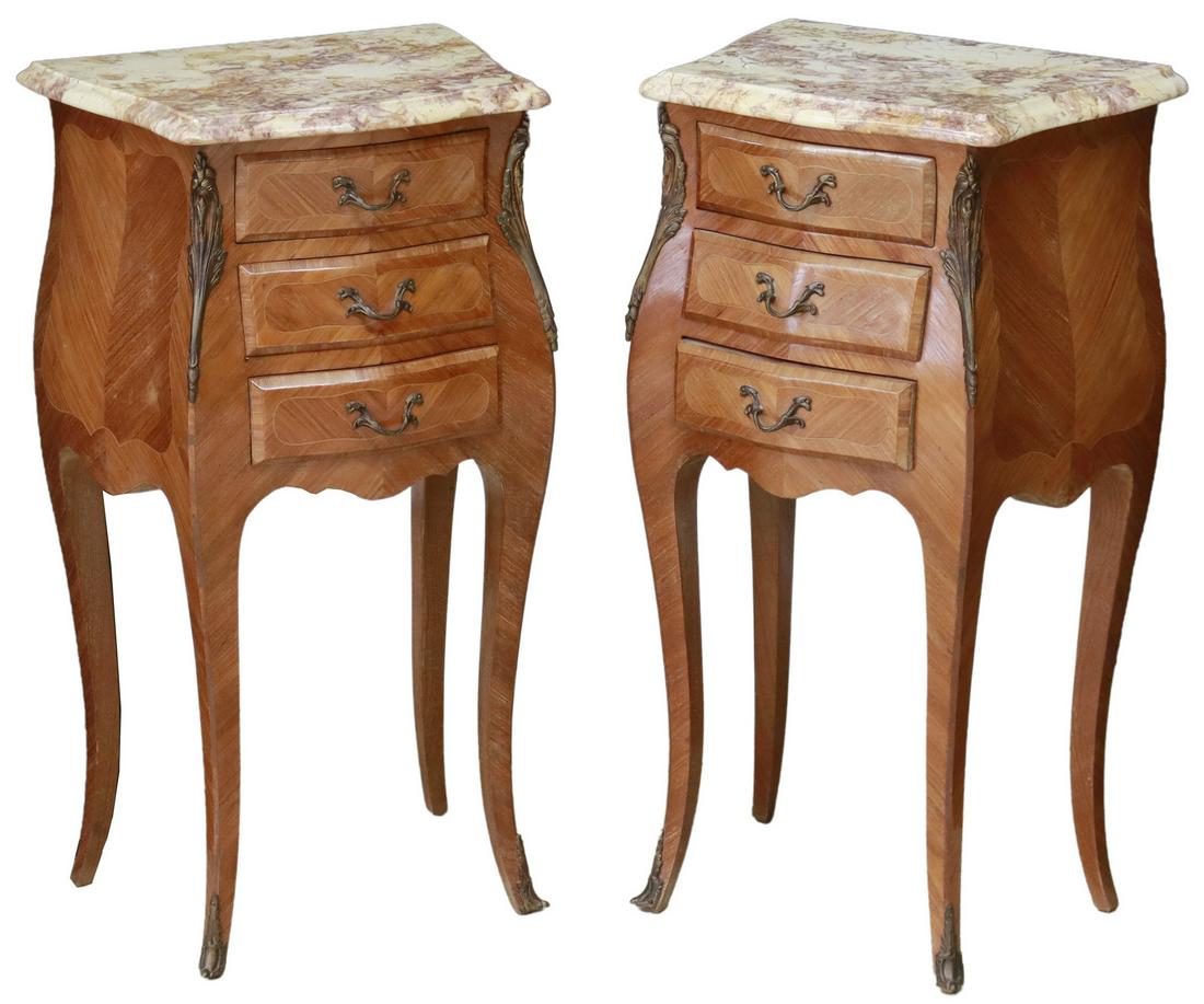 (2) LOUIS XV STYLE MARBLE-TOP NIGHTSTANDS: (pair) Louis XV style marble-top nightstands, late 20th c., three drawers, rising on cabriole legs, ending in front sabots, approx 29.5"h, 16"w, 11"d Start Price: $250.00