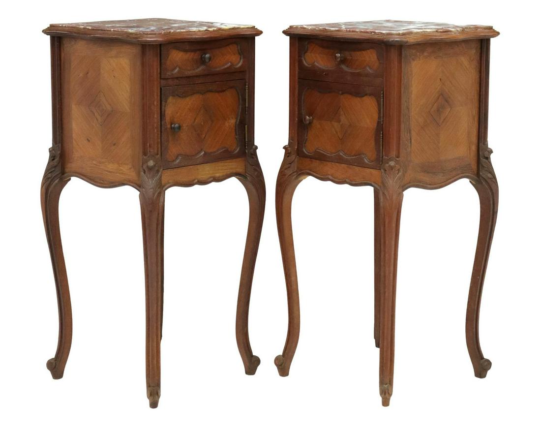 FRENCH LOUIS XV STYLE MARBLE-TOP NIGHTSTANDS: French Louis XV style nightstands, early 20th c., shaped inset marble tops, over matched veneer case, fitted with single drawer, over cabinet, opening to storage interior, one with marble lining, risi