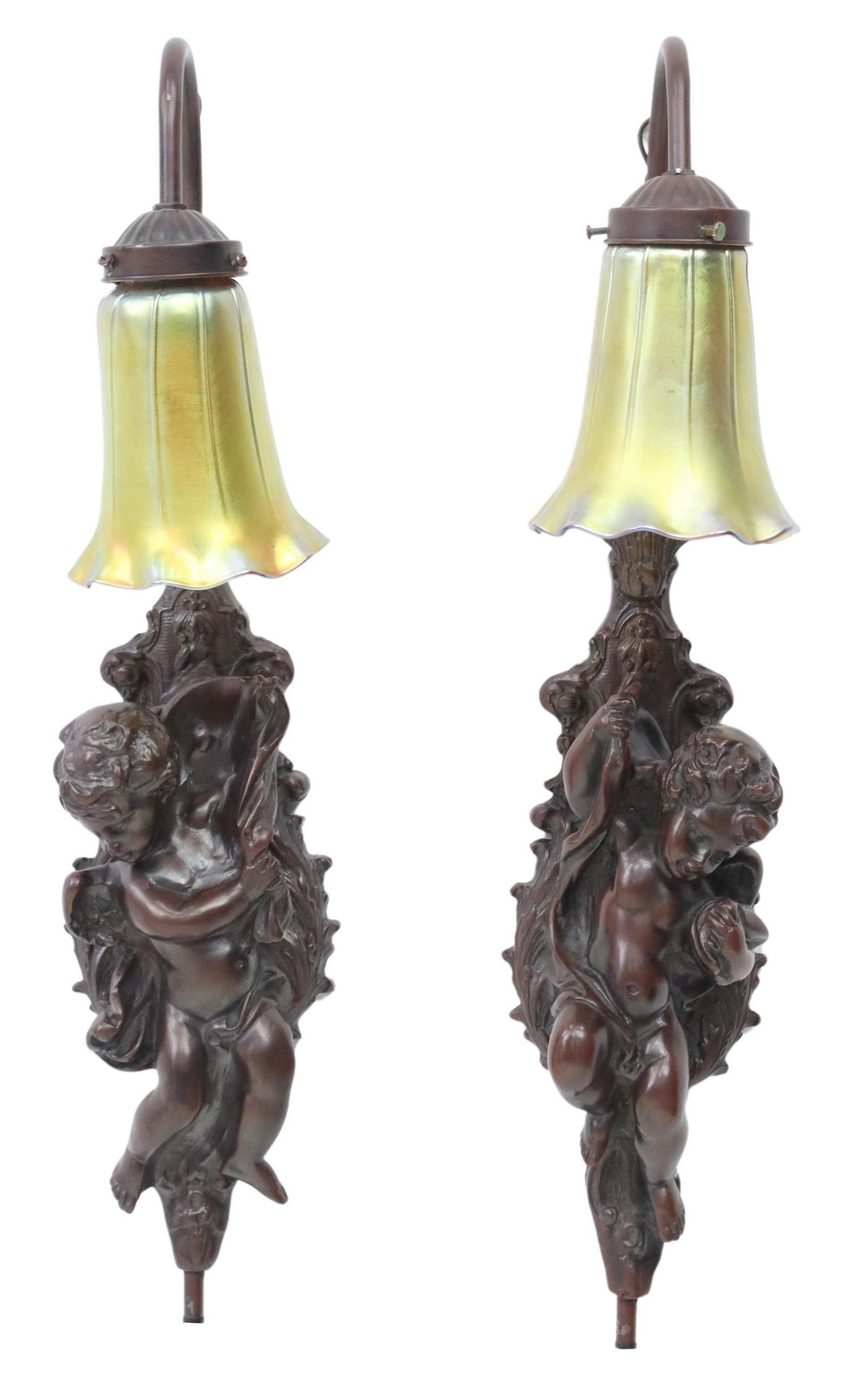 (2) METAL CHERUBIM WALL SCONCES ART GLASS SHADES (1 of 4)