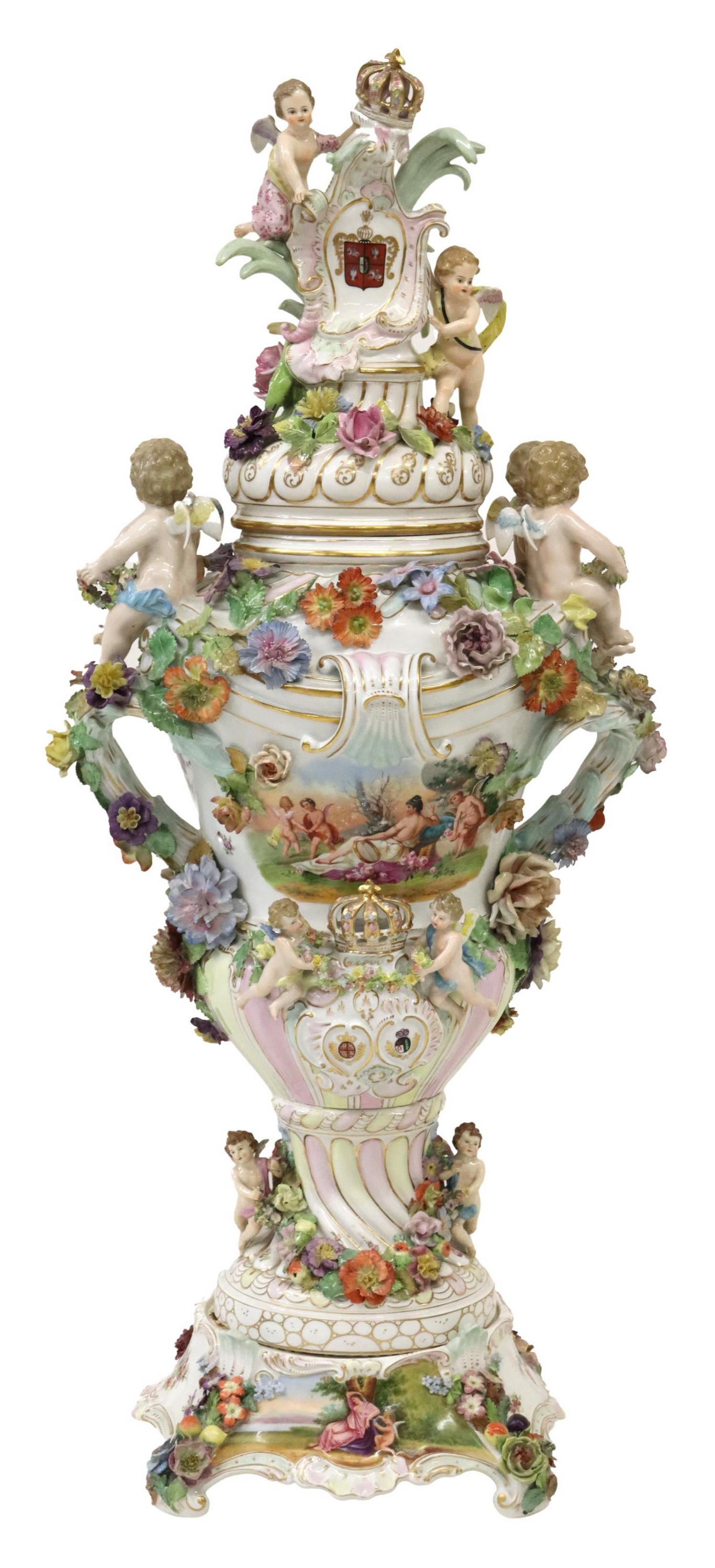 MONUMENTAL MEISSEN STYLE PORCELAIN LIDDED VASE (1 of 9)