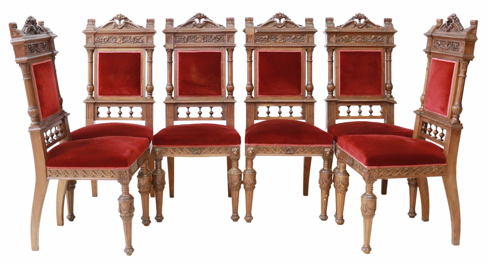 (6) ITALIAN RENAISSANCE REVIVAL SIDE CHAIRS: (lot of 6) Italian Renaissance Revival side chairs, 19th c., carved foliated urn crest, columnar side supports, with spindled lower back, velvet upholstered back and seat, rising on tapered fluted leg