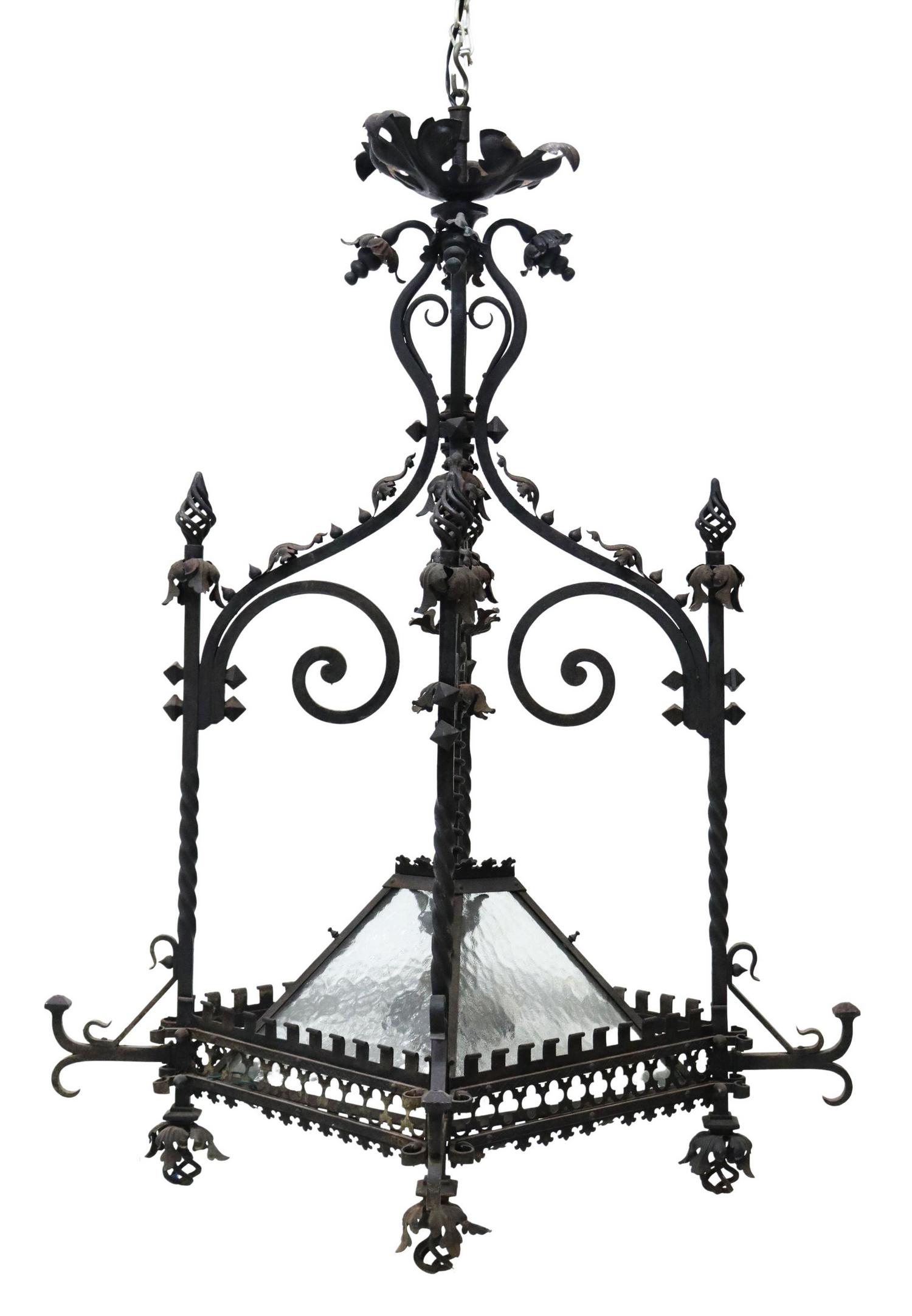 LARGE GOTHIC REVIVAL WROUGHT IRON 3-LIGHT LANTERN (1 of 2)