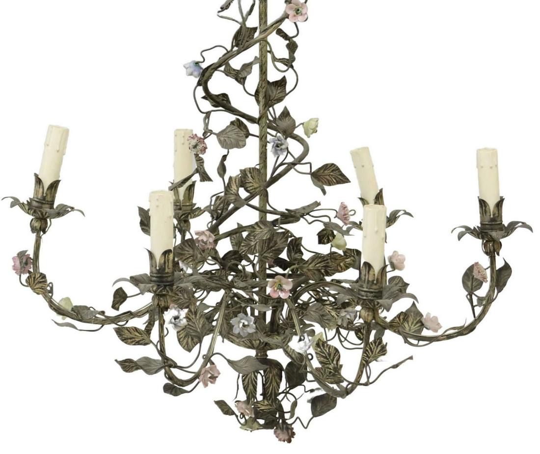 ITALIAN FLORENTINE FOLIATE 6-LIGHT CHANDELIER: Italian Florentine patinated metal six-light chandelier, 20th c., thin rod standard, surmounted with trailing foliates, issuing six curved arms, ending in floral bobeches, polychrome porcelain flowers