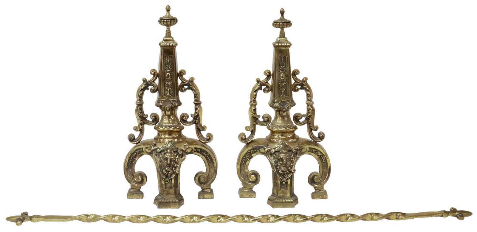 (3) FRENCH NEOCLASSICAL BRASS FIREPLACE SET (1 of 5)
