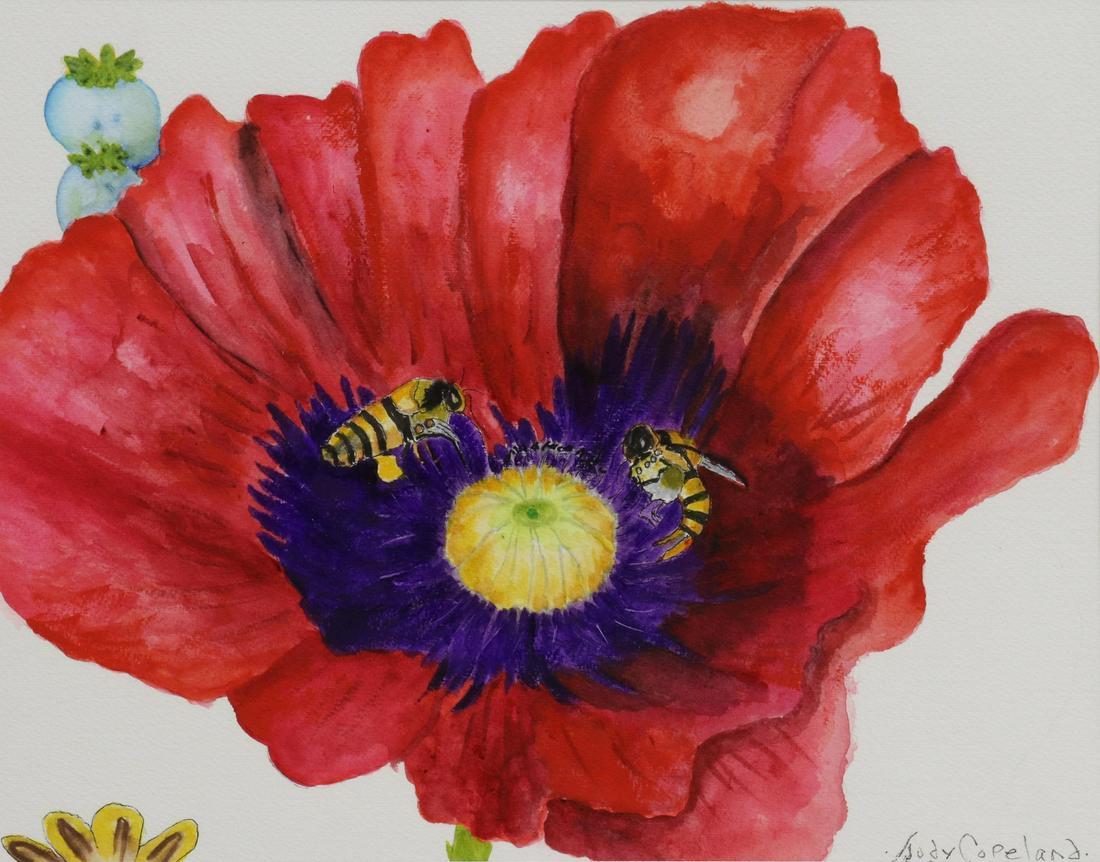 JUDY COPELAND (TX, B.1943) 'RED POPPY' WATERCOLOR (1 of 4)