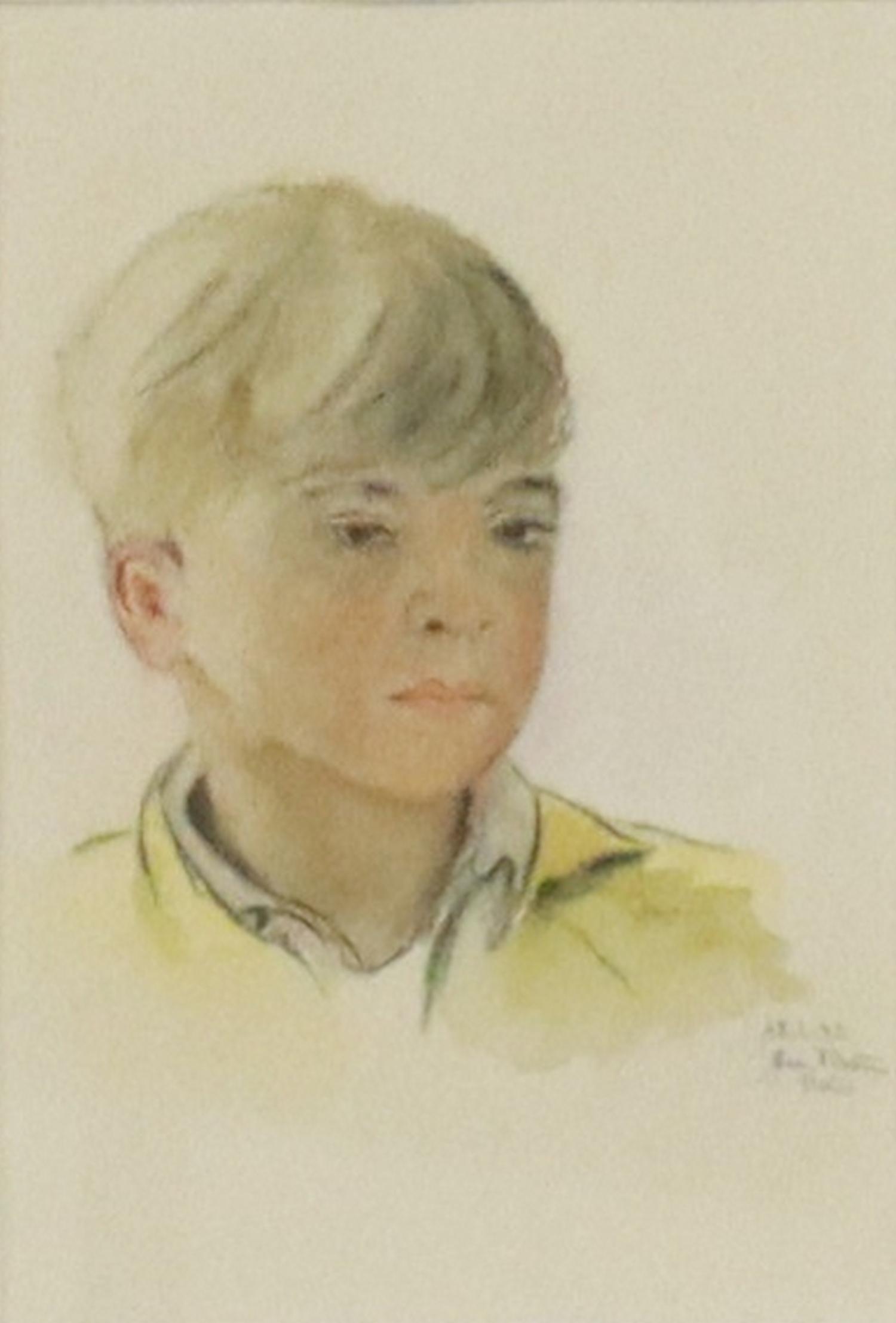 EVA KRAUS WATERCOLOR PORTRAIT OF A YOUNG BOY: Framed pencil and watercolor painting on paper, Portrait of a Young Boy, signed lower right Eva Kraus (Eva Templeton Kraus, Texas, 20th c.), dated 6/13/42, sight: approx 4.25"h, 3"w, overall: approx 1