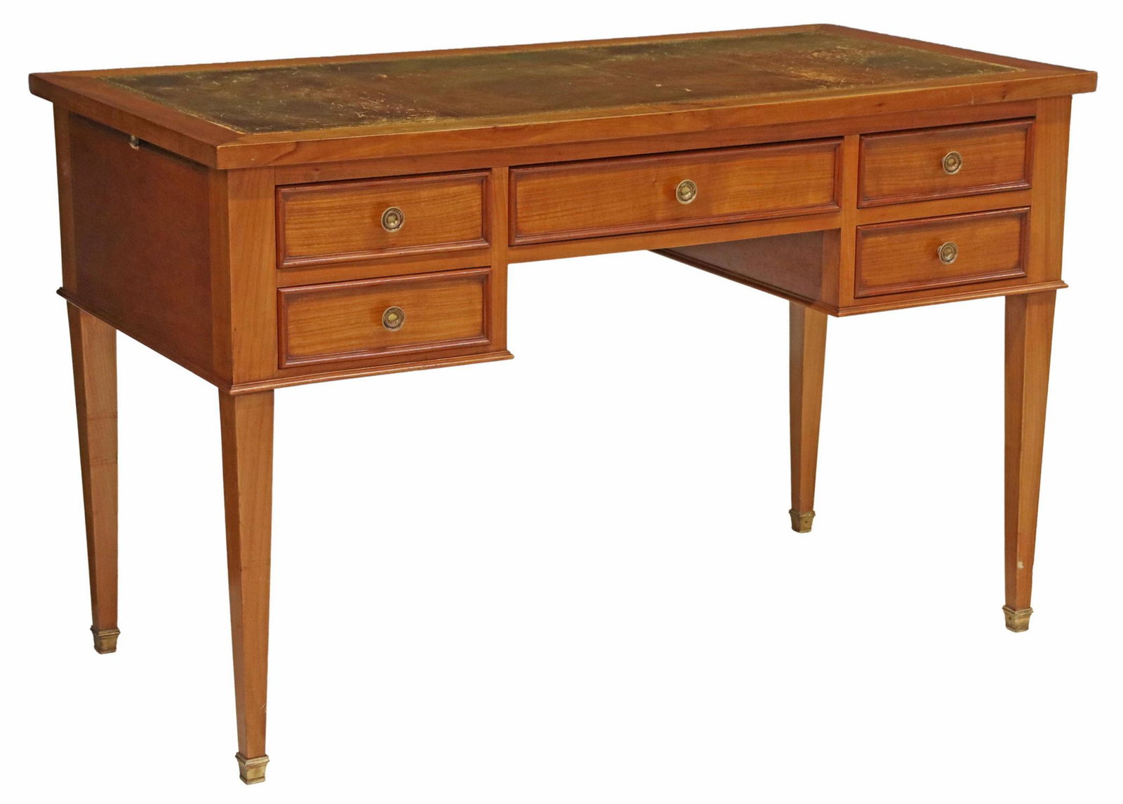 FRENCH LOUIS XVI STYLE FRUITWOOD BUREAU PLAT: French Louis XVI style fruitwood writing desk, 20th c., inset leather writing surface, five drawers with divided interiors, reverse with faux drawer fronts, rising on tapered legs, approx 30"h, 47.5"w