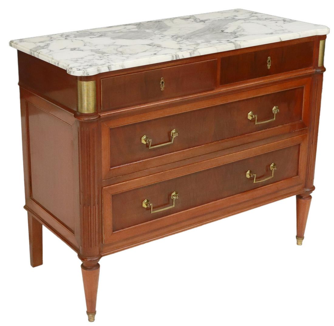 FRENCH LOUIS XVI STYLE MARBLE-TOP MAHOGANY COMMODE (1 of 5)