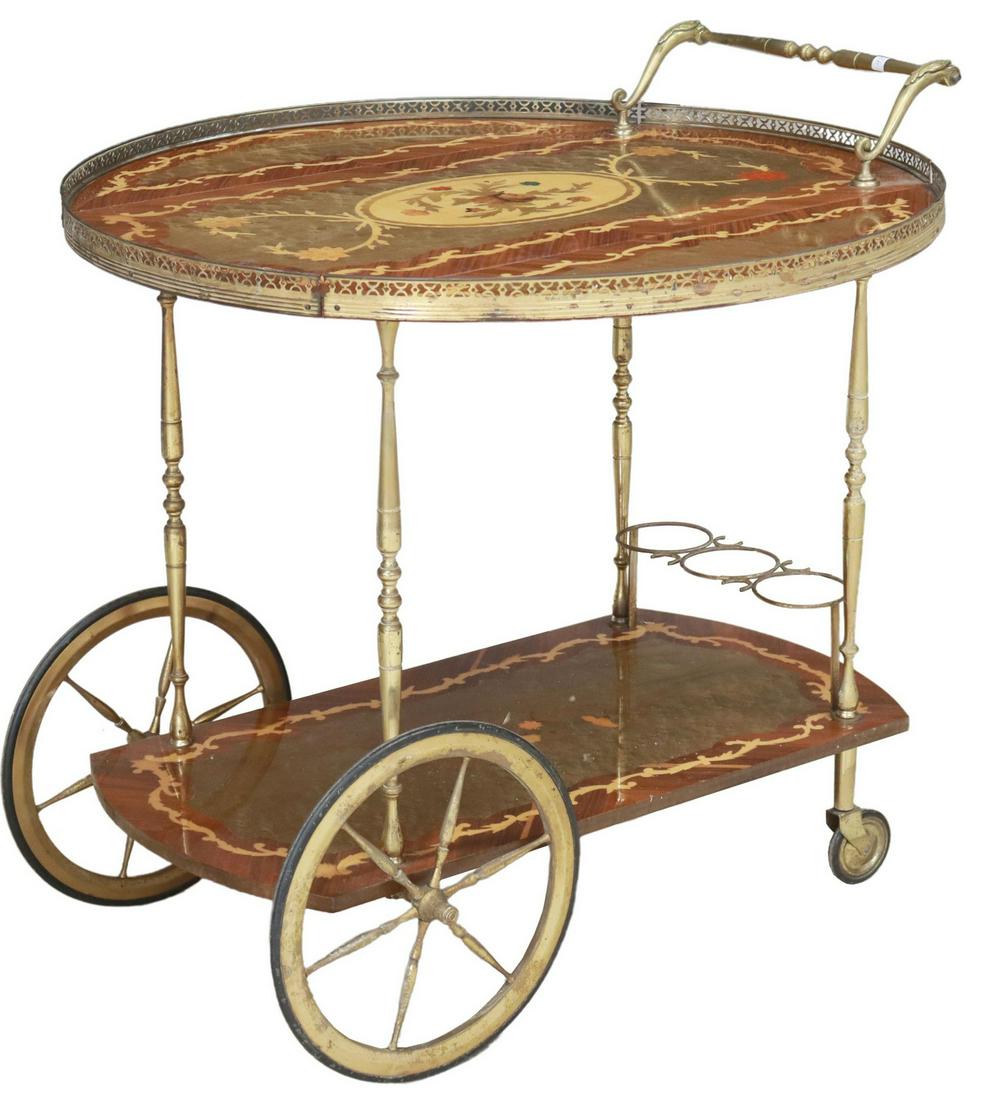 ITALIAN FLORAL MARQUETRY DROP-LEAF SERVICE CART: Italian floral marquetry drop-leaf service cart, mid 20th c., top with pierced gilt-metal gallery, having demilune drop leaves, over medial shelf, fitted with three bottle rack, gilt-metal turned-form