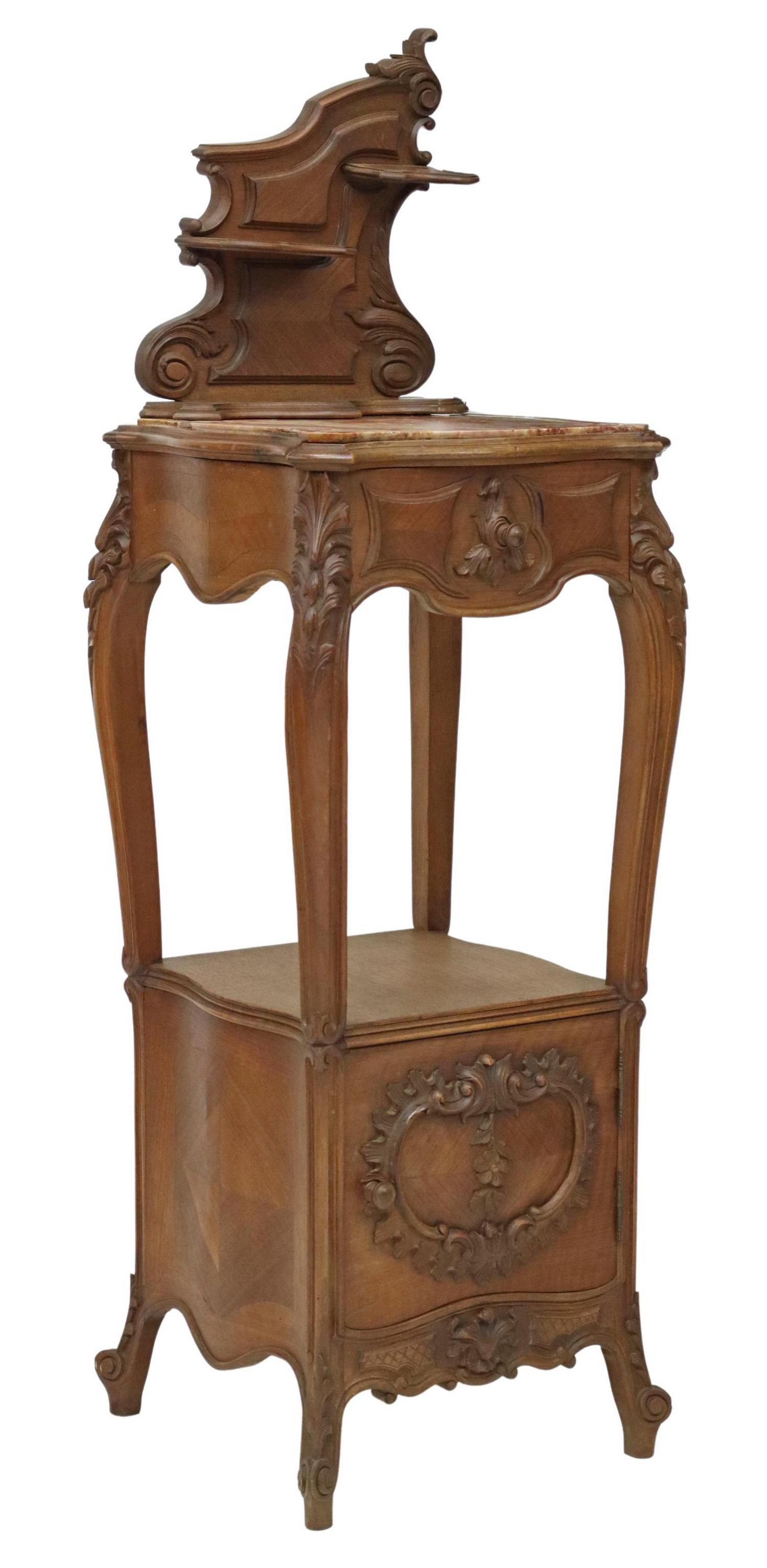 FRENCH LOUIS XV STYLE MATCHED VENEER NIGHTSTAND: French Louis XV style matched veneer nightstand, early 20th c., rocaille backboard, with two open shelves, shaped marble top, over single drawer, medial open shelf, above cabinet, opening to marble li