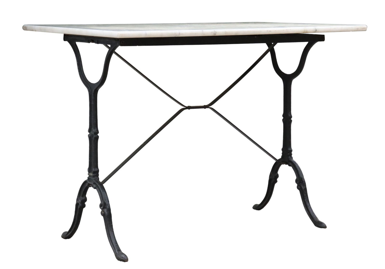 FRENCH MARBLE-TOP CAST IRON BISTRO TABLE: French bistro table, 20th c., having rectangular marble top, rising on cast iron base, approx 28.5"h, 39.5"l, 23.75"w Start Price: $100.00
