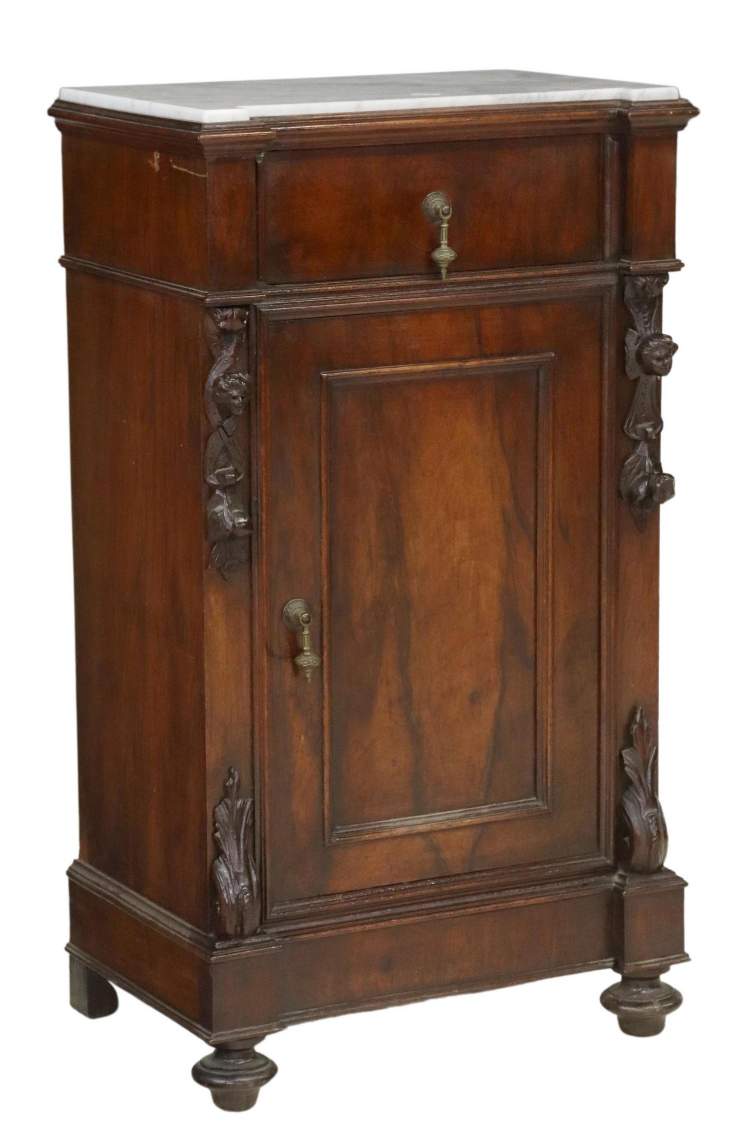 ITALIAN MARBLE-TOP WALNUT BEDSIDE CABINET (1 of 6)