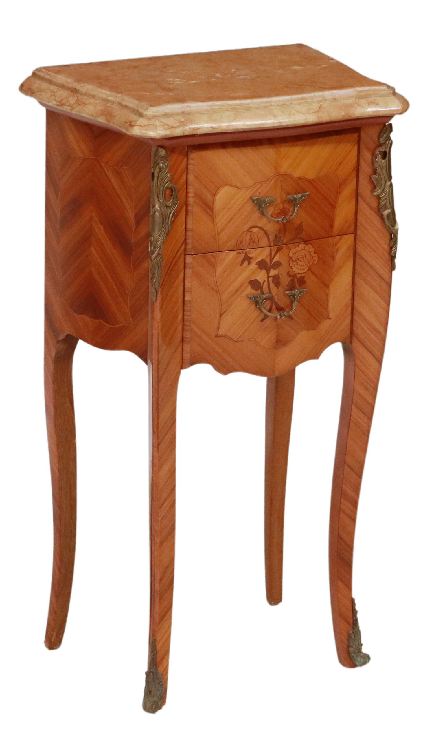 FRENCH LOUIS XV STYLE MARBLE-TOP NIGHTSTAND: French Louis XV style marble-top rosewood nightstand, 20th c., two drawers accented with floral marquetry, rising on cabriole legs, ending in front sabots, approx 28.75"h, 16.25"w, 11"d Start Price: $
