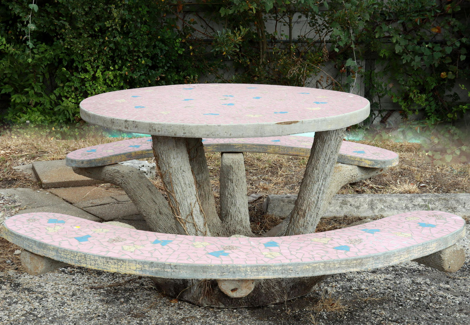 FRENCH FAUX BOIS & MOSAIC TABLE W/ TWO BENCHES (1 of 3)