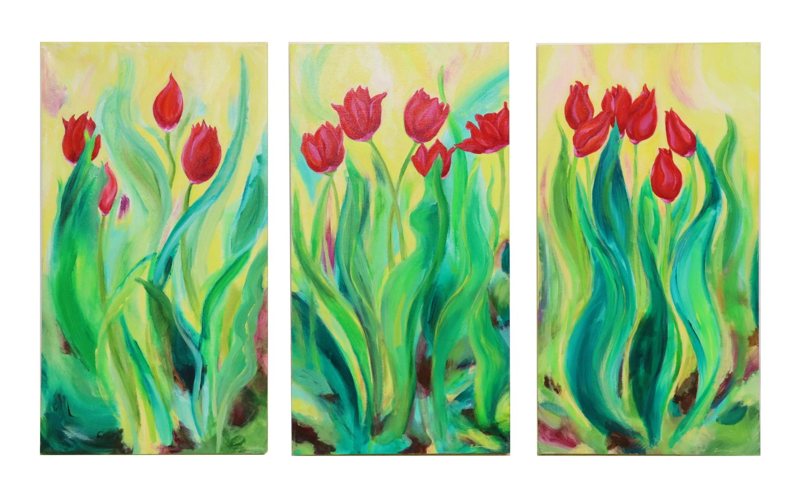 ZANNE CHRISTENSEN RED TULIPS TRIPTYCH PAINTING: Unframed acrylic on stretched canvas triptych, Red Tulips, signed lower right Zanne (Zanne Christensen, American, 20th c.), signed again and dated 2007 verso, each canvas: approx 30.25"h, 16.25"w; 11.