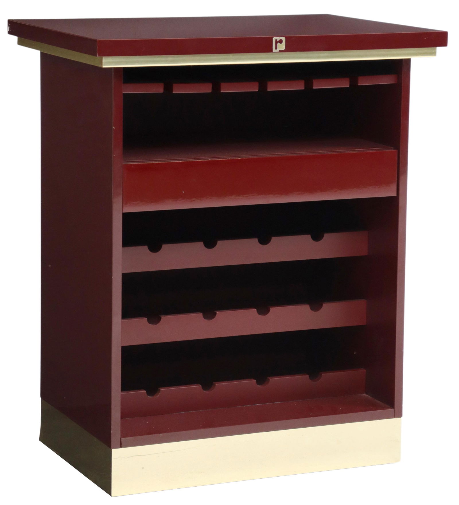 PACO RABANNE MODERN LACQUERED WINE BAR CABINET: Modern wine bar cabinet, Paco Rabanne (Francisco Rabaneda Cuervo, Spanish, b.1934), c.1970s, burgundy lacquered finish accented with gilt trim, stemware racks over medial drawer, lower three tiers acc