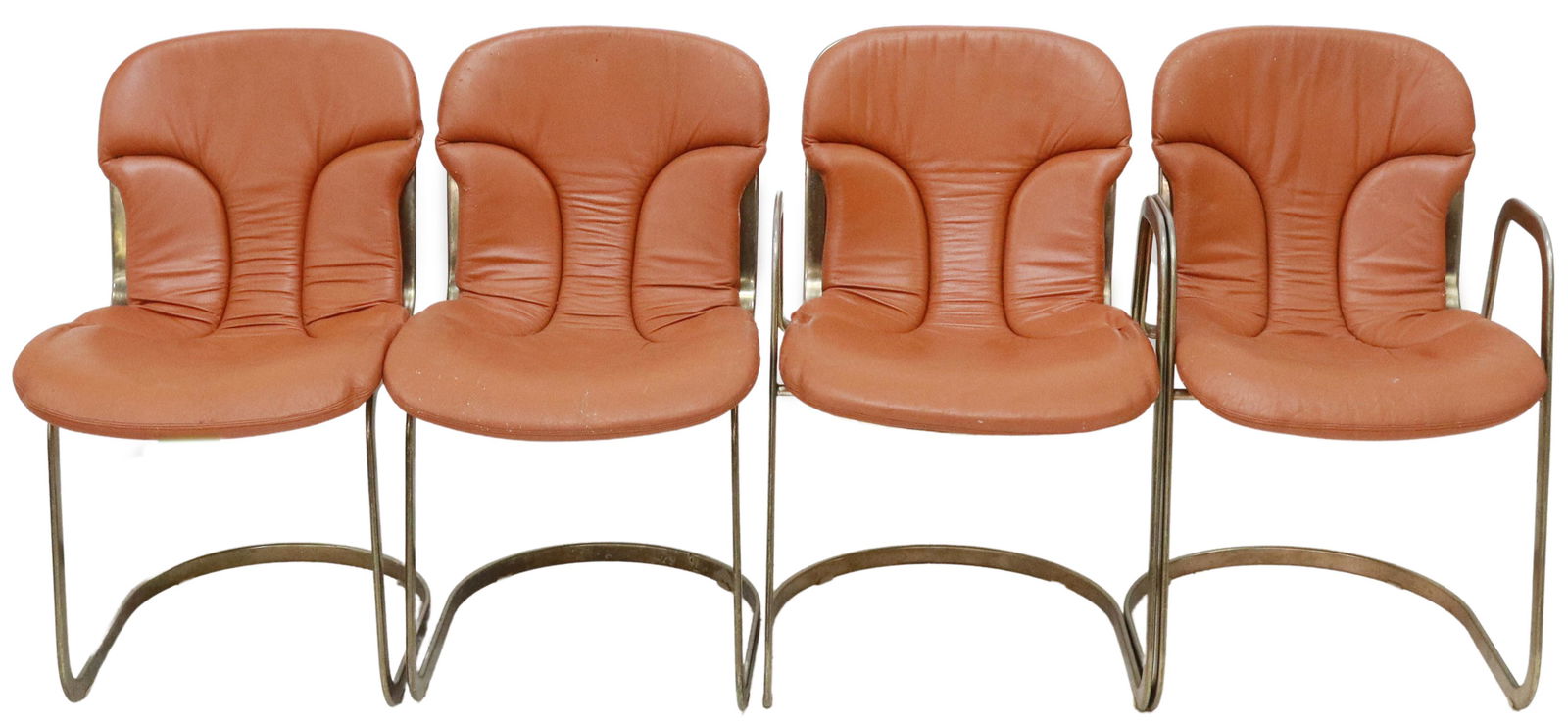 (4) WILLY RIZZO FOR CIDUE ITALIAN MODERN CHAIRS: (lot of 4) Italian modern cantilever chairs, Willy Rizzo (Italian, 1928-2013) for Cidue, c.1970s, having tubular steel frame, in a worn brass finish, with removable leather upholstery, including: (2)