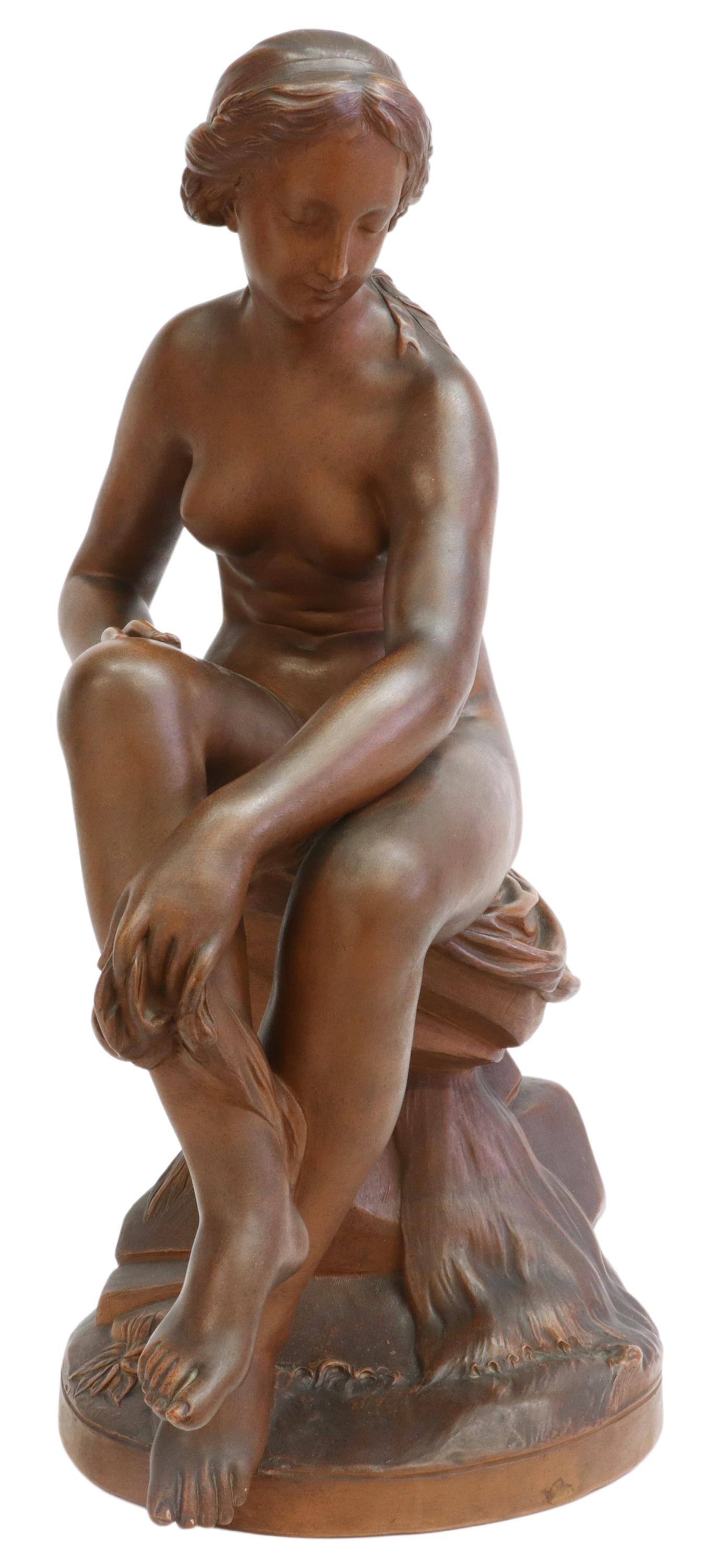 AFTER FALCONET TERRACOTTA BAIGNEUSE SCULPTURE: Cast terracotta sculpture, Baigneuse, after Etienne Maurice Falconet (French, 1716-1791), stamped G. Feu, Fabrication Francaise, chip to back edge of base, approx 27.75"h, 35lbs Start Price: $300.00