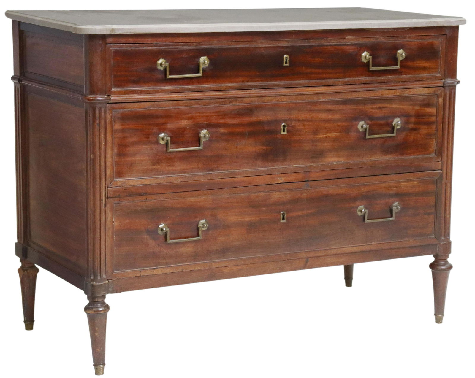 FRENCH LOUIS XVI STYLE MARBLE-TOP MAHOGANY COMMODE: French Louis XVI style marble-top mahogany commode, 19th c., having shaped top, over three drawers, flanked by half columns, rising on tapered legs, ending in brass cap feet, approx 34"h, 45"w, 20"d S