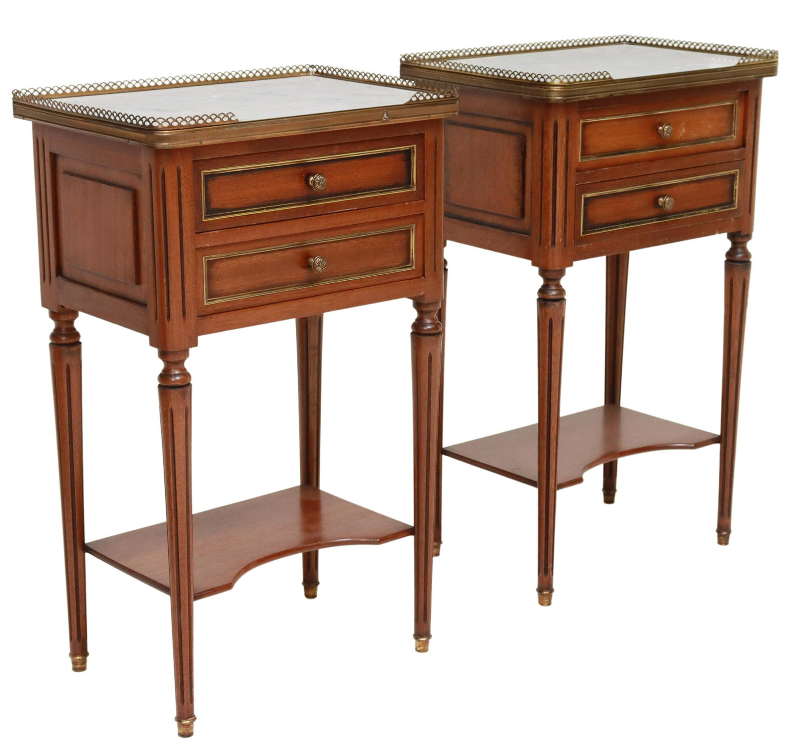 (2) FRENCH LOUIS XVI STYLE MAHOGANY NIGHTSTANDS: (pair) French Louis XVI style mahogany nightstands, 20th c., pierced gilt metal gallery, inset marble top, over two drawers, above medial shelf, rising on tapered fluted legs, approx 27"h, 16.5"w, 11.